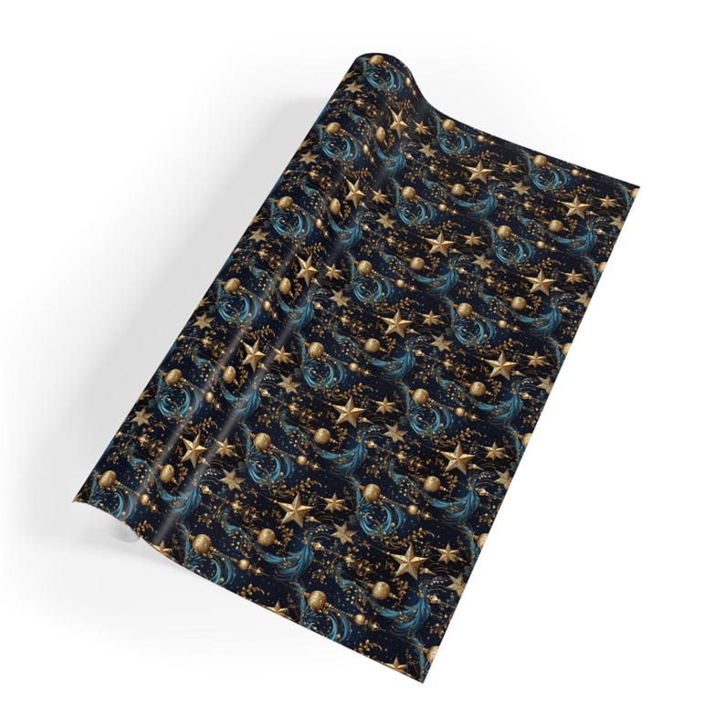 Christmas Nocturna Wrapping Paper, Mystical Christmas Gift Wrap, Blue with Gold Ornaments, Baubles & Stars, 3 Sizes image 10