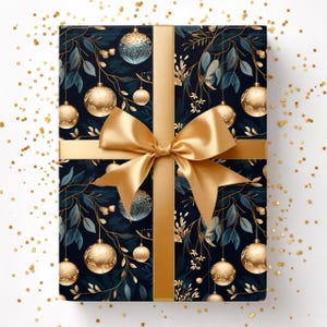 May include: A wrapped gift with a navy blue background featuring gold ornaments and foliage. A gold ribbon and bow are tied around the gift. Gold confetti is scattered around the gift.