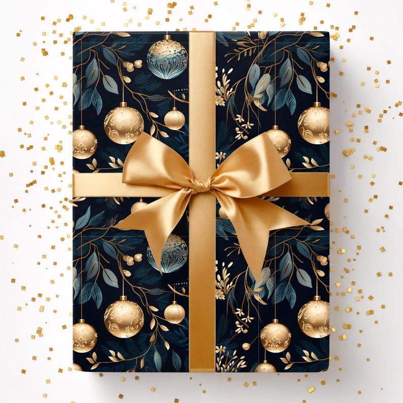May include: A wrapped gift with a navy blue background featuring gold ornaments and foliage. A gold ribbon and bow are tied around the gift. Gold confetti is scattered around the gift.