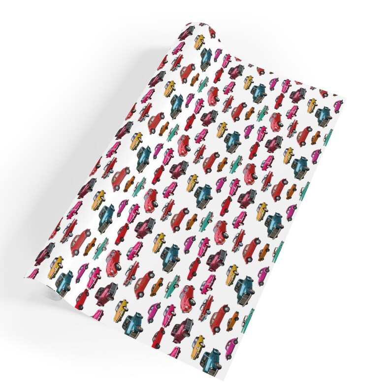 Papel de regalo con diseño de coches antiguos, papel de regalo con diseño de coches retro, papel de primera calidad, rollos de papel de regalo. imagen 6