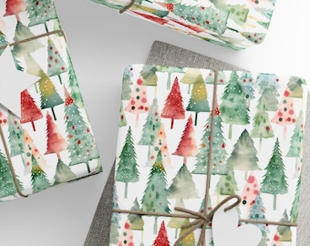 Christmas Gift Wrap, Watercolor Christmas Trees Wrapping Paper, Holiday Wrapping, Wrapping Paper Rolls, 3 Sizes