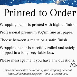 May include: Text on a white background with a blue snowflake design. The text reads "Printed to Order" and lists features of the product, including high-definition inks, 90gsm fine art paper, matte or satin finish, and recyclable packaging.