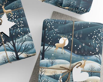 Winter Scene Gift Wrap, Nordic Christmas Wrapping Paper, Scandinavian Aesthetic, Premium Paper,  Vintage Gift Wrap, Reindeer Wrapping Paper