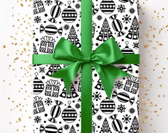 Christmas Wrapping Paper, Black & White Christmas Gift Wrap, Premium Paper, Wrapping Paper Rolls, 3 Sizes
