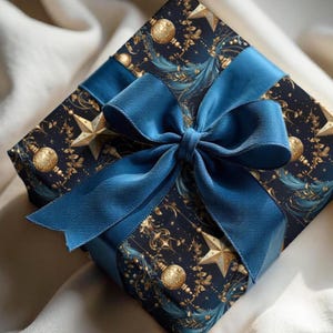 Christmas Nocturna Wrapping Paper, Mystical Christmas Gift Wrap, Blue with Gold Ornaments, Baubles & Stars, 3 Sizes image 5