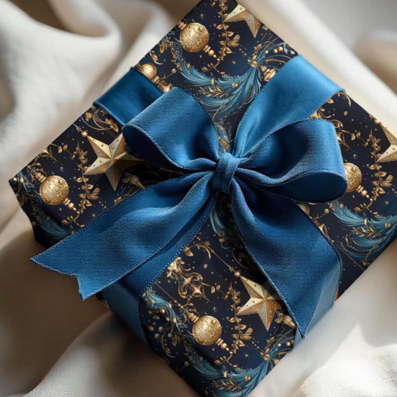 Christmas Nocturna Wrapping Paper, Mystical Christmas Gift Wrap, Blue with Gold Ornaments, Baubles & Stars, 3 Sizes image 5