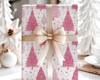 Pink Christmas Trees Gift Wrap, Holiday Wrapping Paper, Premium Paper, Wrapping Paper Rolls, 3 Sizes