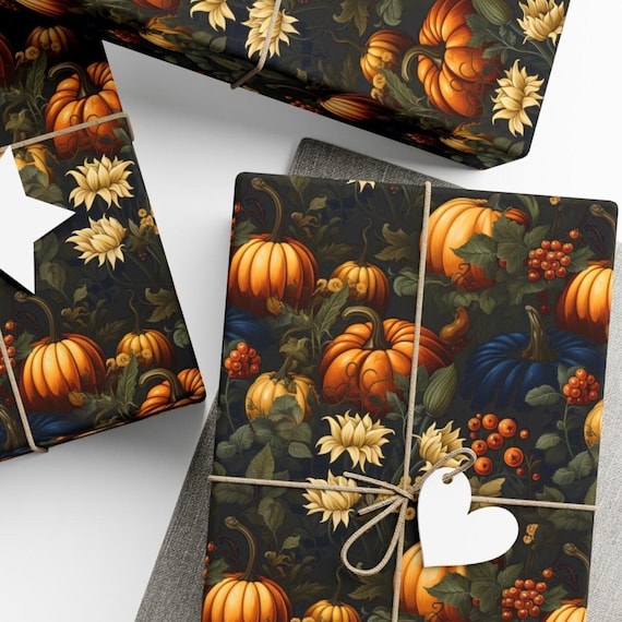 Autumn Gift Wrap with Pumpkins, Fall Floral Wrapping Paper with Pumpkins and Flowers, Premium Paper, 3 Sizes