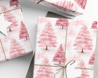 Pink Christmas Trees Wrapping, Pink Christmas Watercolors, Christmas Gift Wrap, Wrapping Paper Rolls, Premium Paper, 3 Sizes Available