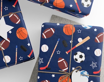 Sports Fan Wrapping Paper, Sports Gift Wrap, Baseball, Basketball, Football, Hockey & Soccer Design, Birthday Gift, Wrapping Paper Rolls