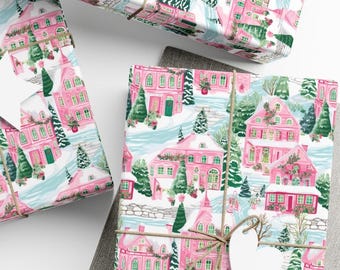 Pink Christmas Gift Wrap, Winter Scene Wrapping Paper, Pink Holiday Gift Wrap, Premium Paper, Wrapping Paper Rolls, 3 Sizes Available