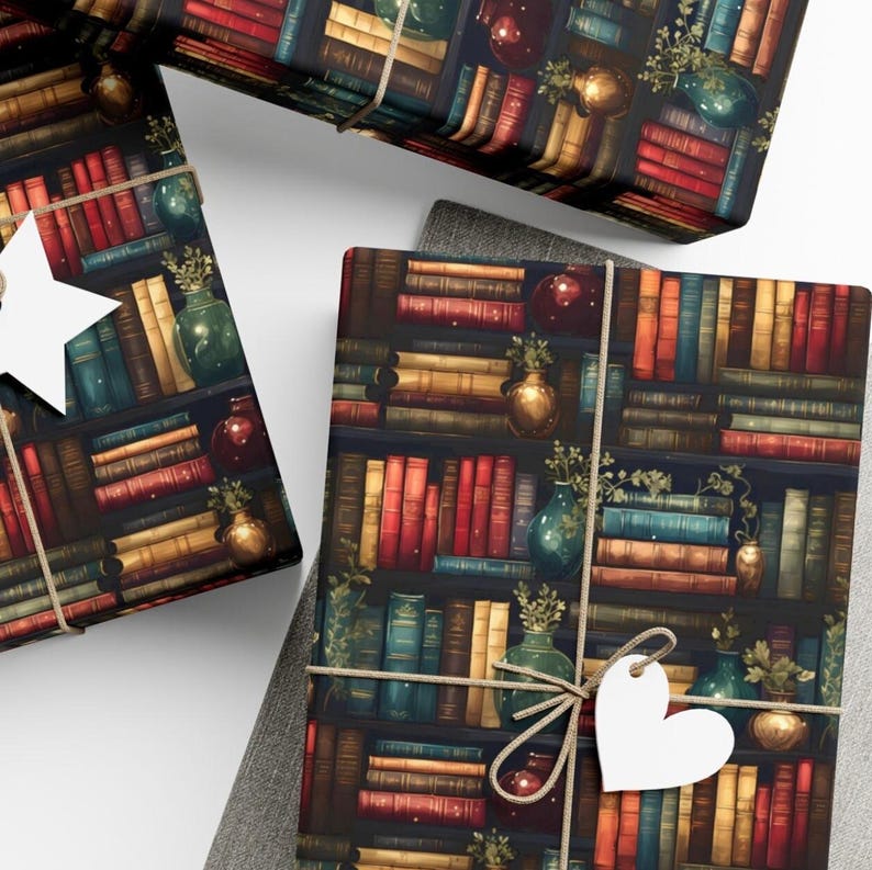Wrapping Paper with colorful books on shelves.