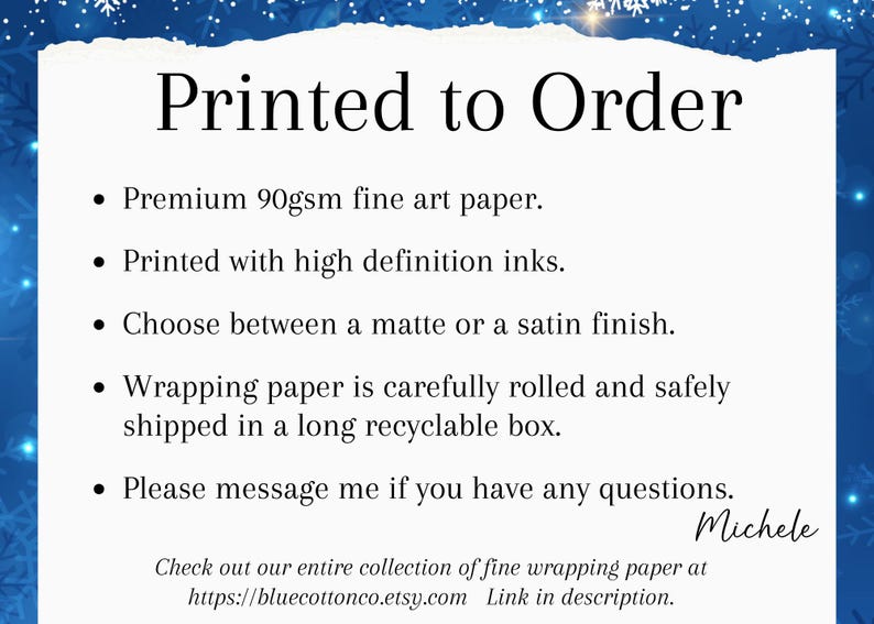 Puede incluir: Fondo blanco con detalles de copos de nieve azules y texto que dice "Printed to Order". El texto enumera las caracter&iacute;sticas del producto, incluyendo papel de arte fino, tintas de alta definici&oacute;n y acabados mate o satinado.