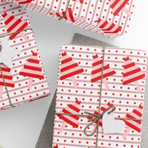 Christmas Wrapping Paper, Red & Pink Holiday Gift Wrap, Fun Christmas Tree Cake Pop Design, Premium Paper, Wrapping Paper Rolls, 3 Sizes