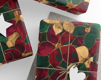 Puede incluir: Regalos envueltos con un patrón floral en rojo, verde y dorado. Los regalos están atados con hilo y tienen etiquetas blancas en forma de corazón. El papel de regalo presenta un diseño repetido de flores estilizadas.