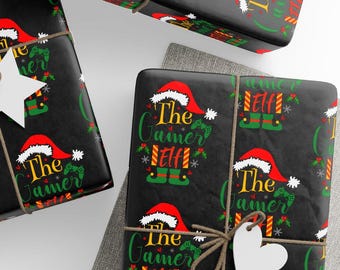 Gamer Christmas Gift Wrap, Christmas Wrapping Paper for Gamers, Fun Gaming Elf Design, Wrapping Paper Rolls, 2 Colors, 3 Sizes Available