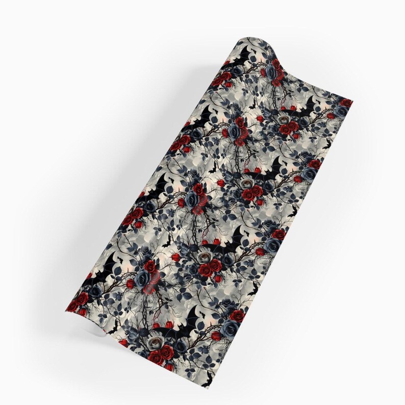 Bats & Roses Wrapping Paper, Gothic Black and Red Roses with Bats Design, Wrapping Paper Rolls, 3 Sizes image 8