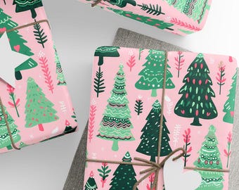 Christmas Trees Gift Wrap, Pink Christmas Wrapping Paper, Holiday Pastel Decor, Premium Paper, Wrapping Paper Rolls, 3 Sizes