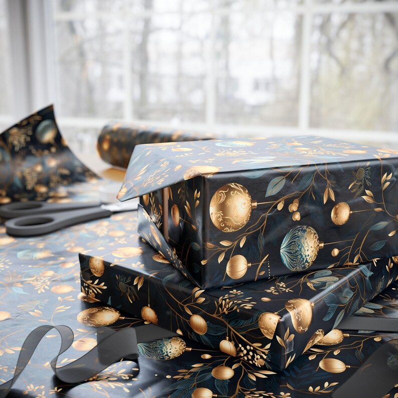 Christmas Ornaments Gift Wrap, Blue & Gold Wrapping Paper, Ornaments and Florals, Holiday Wrapping Paper, Premium Paper image 7
