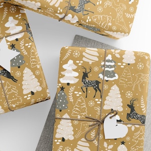 Gold Christmas Wrapping Paper, Christmas Gift Wrap, Wrapping Paper with Reindeer and Christmas Trees, Wrapping Paper Rolls, Eco Friendly
