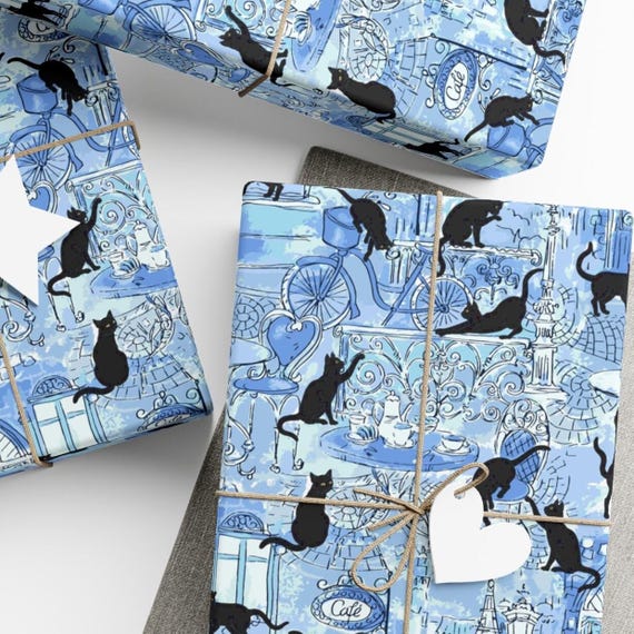 Gift Wrap with Cats In Paris, Pretty Black Cats playing at Paris Café, Blue Birthday Gift Wrap, Chic Gift Wrap, Parisian Aesthetic, 3 Sizes