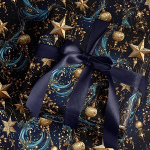 Christmas Nocturna Wrapping Paper, Mystical Christmas Gift Wrap, Blue with Gold Ornaments, Baubles & Stars, 3 Sizes image 3