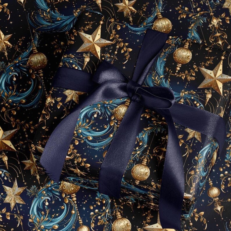 Christmas Nocturna Wrapping Paper, Mystical Christmas Gift Wrap, Blue with Gold Ornaments, Baubles & Stars, 3 Sizes image 3