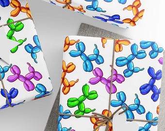 Balloon Animals Gift Wrap, Fun Birthday Wrapping Paper, Cute Balloon Dogs Design, Premium Paper, Wrapping Paper Rolls, 3 Sizes
