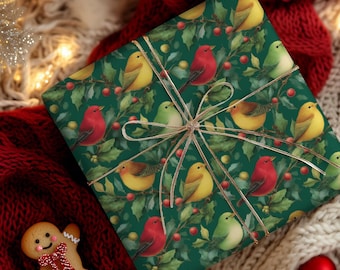 Christmas Birds Gift Wrap, Festive Holiday Wrapping Paper, Premium Paper, Wrapping Paper Rolls, 3 Sizes