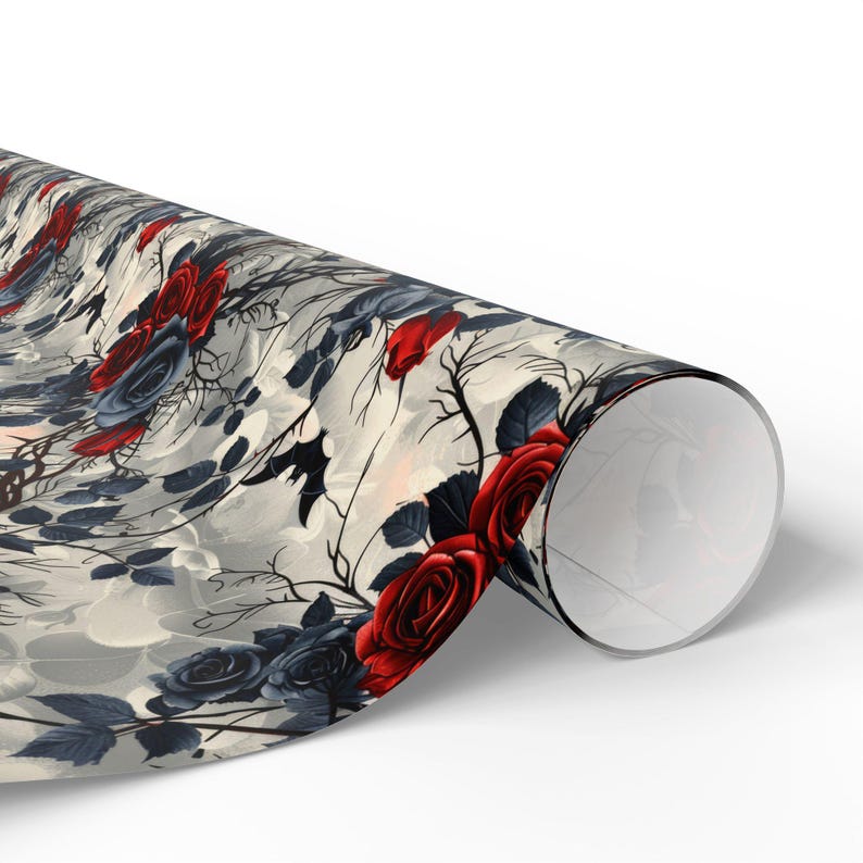 Bats & Roses Wrapping Paper, Gothic Black and Red Roses with Bats Design, Wrapping Paper Rolls, 3 Sizes image 3