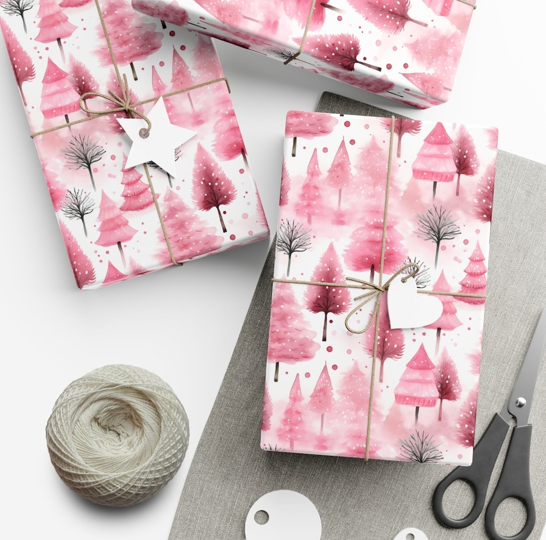 Pink Christmas Tree Gift Wrap, Pink Christmas Scene in Watercolor