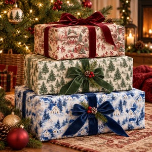 May include: Three rectangular gift boxes stacked vertically. The top box features a red and white winter scene with a dark red velvet ribbon. The middle box has a green pine tree pattern with a green velvet bow. The bottom box shows a blue winter village scene with a dark blue velvet bow.