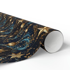 Christmas Nocturna Wrapping Paper, Mystical Christmas Gift Wrap, Blue with Gold Ornaments, Baubles & Stars, 3 Sizes image 2