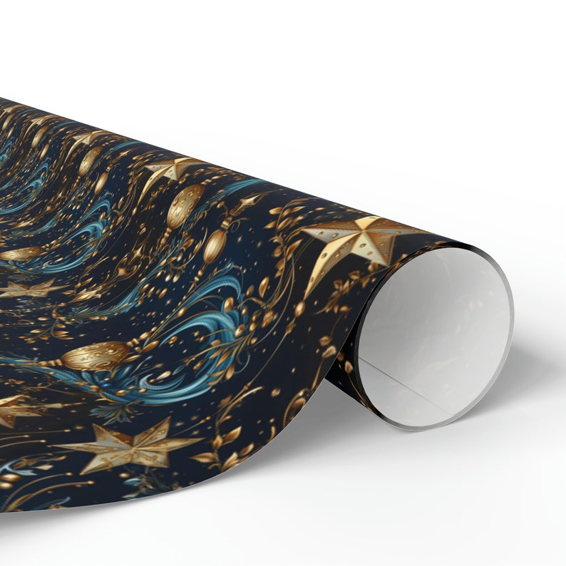 Christmas Nocturna Wrapping Paper, Mystical Christmas Gift Wrap, Blue with Gold Ornaments, Baubles & Stars, 3 Sizes image 2