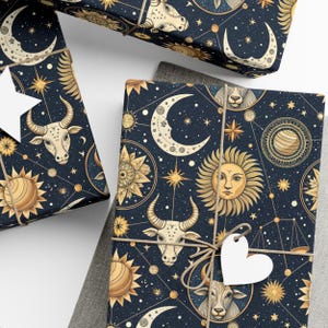 Papel de embrulho celestial, papel de embrulho com tema astrológico, símbolos do zodíaco, papel ecológico, rolos de papel de embrulho, 3 tamanhos