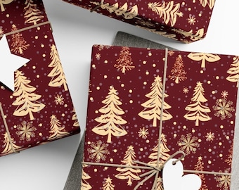 Christmas Wrapping Paper, Gold Christmas Trees Gift Wrap, Holiday Gift Wrap, Wrapping Paper Rolls