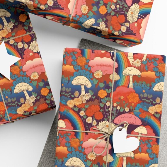Retro Mushroom Gift Wrap, Mushrooms and Rainbows Design, Premium Paper, Wrapping Paper Rolls, 3 Sizes