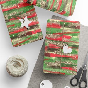 Papel de regalo navideño, papel de regalo artístico con pinceladas rojas, verdes y doradas, rollos de papel de regalo, 3 tamaños imagen 2
