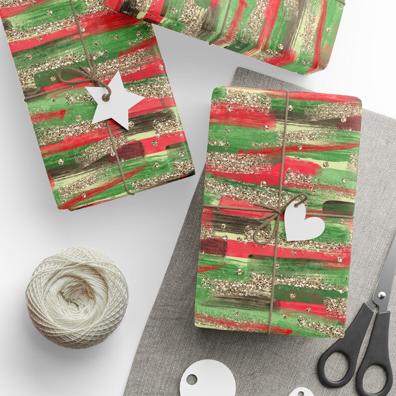 Papel de regalo navideño, papel de regalo artístico con pinceladas rojas, verdes y doradas, rollos de papel de regalo, 3 tamaños imagen 2