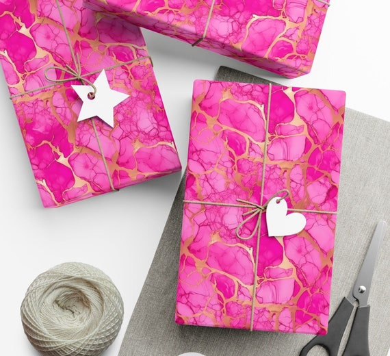 Hot Pink Wrapping Paper, Hot Pink & Gold Gift Wrap, Alcohol Ink Art,  Marbleized Paper, Wedding Wrapping, Birthday Wrapping, Shower Gift Wrap