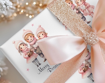 Personalized Pink Christmas Gift Wrap, Children Christmas Carolers Design, Premium Paper