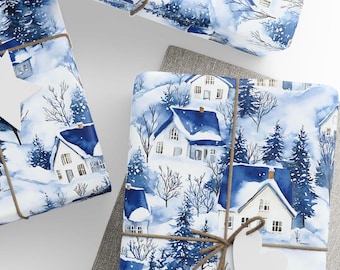 Winter Scene Gift Wrap, Blue Christmas Wrapping Paper, Vintage Holiday Gift Wrap, Wrapping Paper Rolls, 3 Sizes