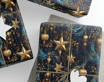 Christmas Nocturna Wrapping Paper, Mystical Christmas Gift Wrap, Blue with Gold Ornaments, Baubles & Stars, 3 Sizes