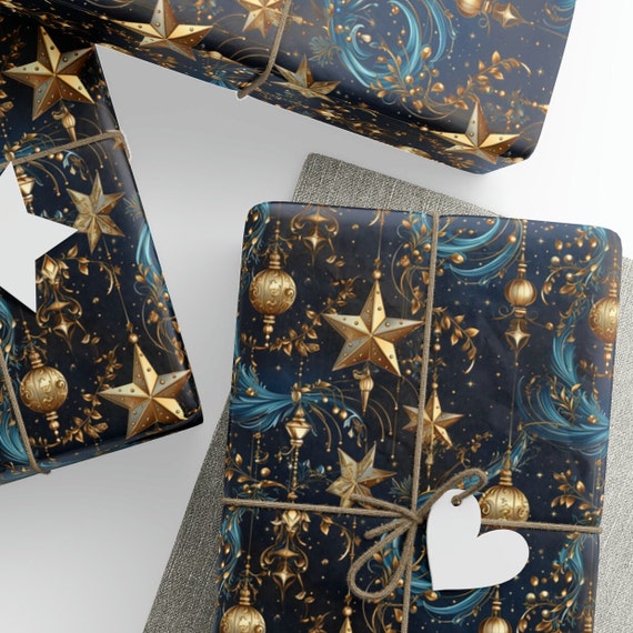 Christmas Nocturna Wrapping Paper, Mystical Christmas Gift Wrap, Blue with Gold Ornaments, Baubles & Stars, 3 Sizes