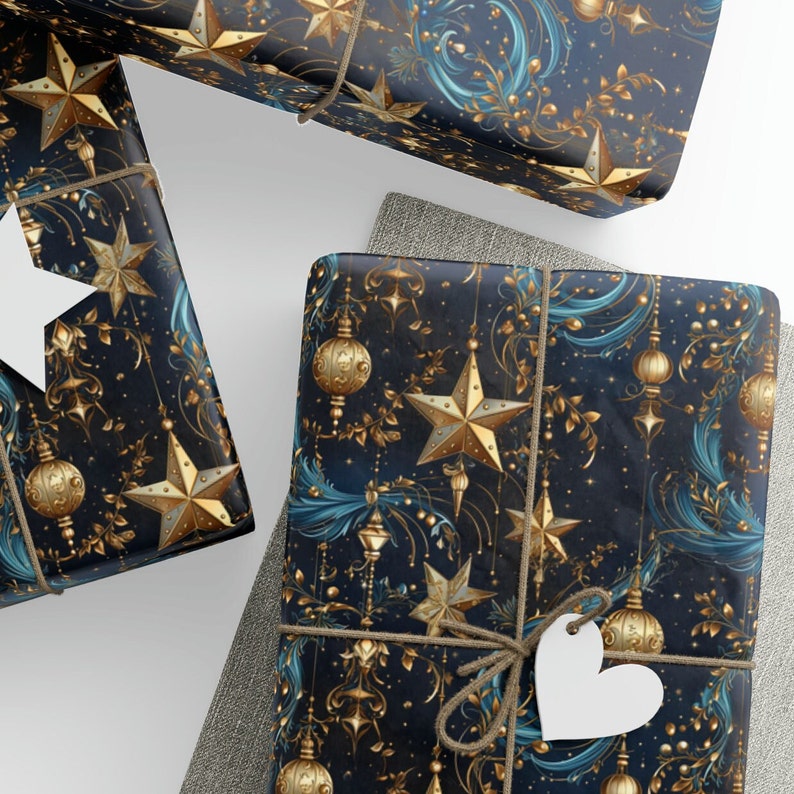 Christmas Wrapping Paper with gold ornaments. Design has a mystical element to it.