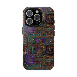 May include: A smartphone case with a circuit board design. The case features a complex pattern of orange, teal, purple, and gold lines, resembling the internal components of a computer. The case has a glossy finish and a camera module.