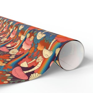 May include: A colorful wrapping paper design featuring a rainbow, mushrooms, and flowers. The paper is rolled up and ready to be used.