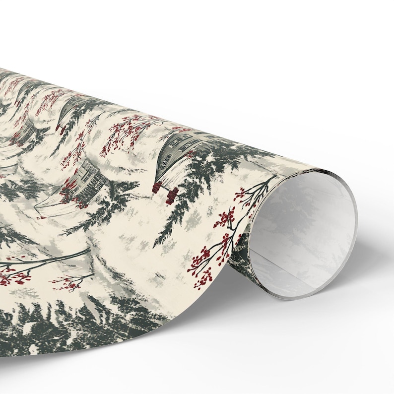 Vintage Christmas Wrapping Paper, Winter Holiday Gift Wrap, Toile Style Design, Premium Paper, Wrapping Paper Rolls, 3 Sizes image 2