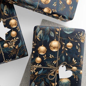 Gold Christmas Ornaments Wrapping Paper on a Dark Blue Background.