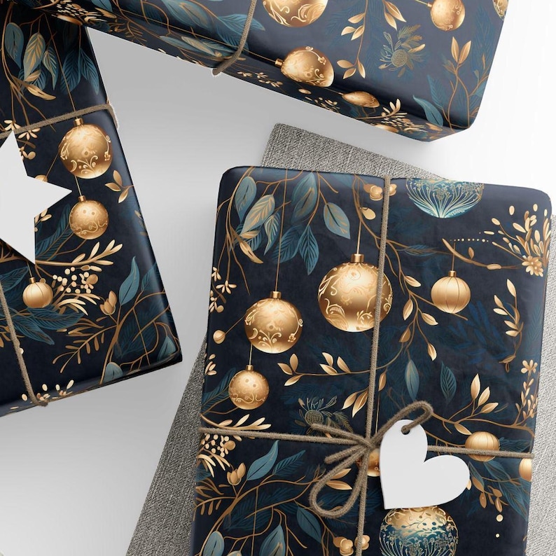 Gold Christmas Ornaments Wrapping Paper on a Dark Blue Background.